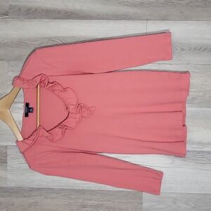 🛍Chaps Womens Medium Salmon Blouse Ruffle Neck 3/4 Sleeve Cotton‎ Casual Ribbed